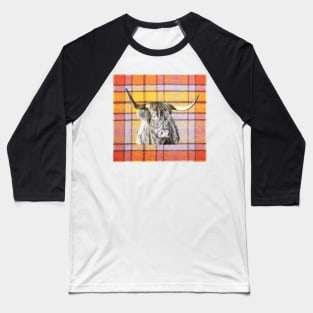 Tartan Highland Cow in Black and White Baseball T-Shirt